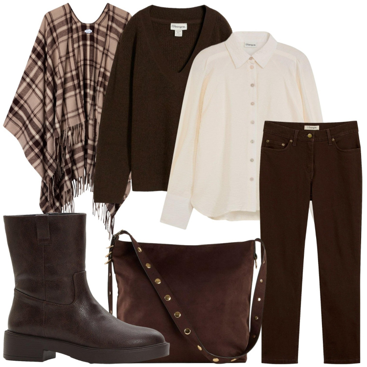 Outfit donna - Poncho pantalone per la giornata. Stile Trendy per Tutti i giorni. Abbinamento con pantaloni, shopping bag, maglieria, stivaletti, camicie, cappotti.