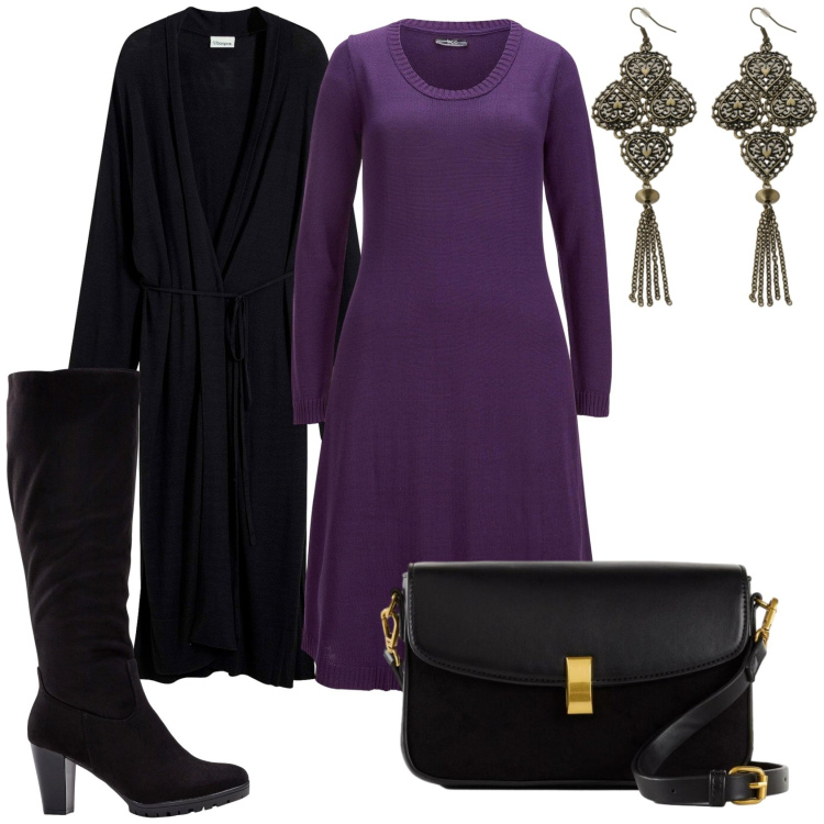 Outfit donna - Abito in maglia svasato. Stile Bon Ton per Tutti i giorni. Abbinamento con vestiti, stivali, cappotti, borse a mano, orecchini.