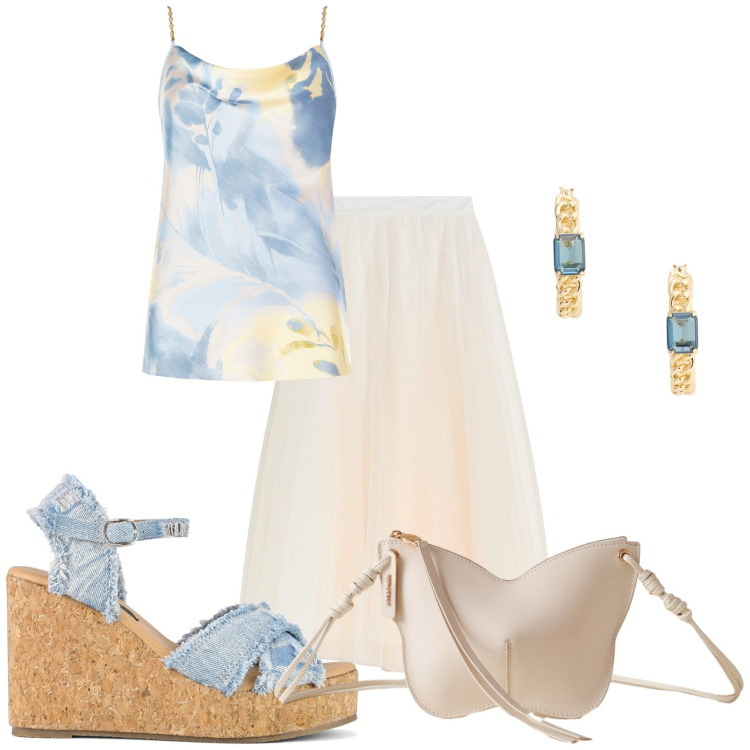 Outfit donna - Gonna lunga in delicato. Stile Glamour per Tutti i giorni. Abbinamento con gonne lunghe, top, borse a tracolla, orecchini, zeppe.