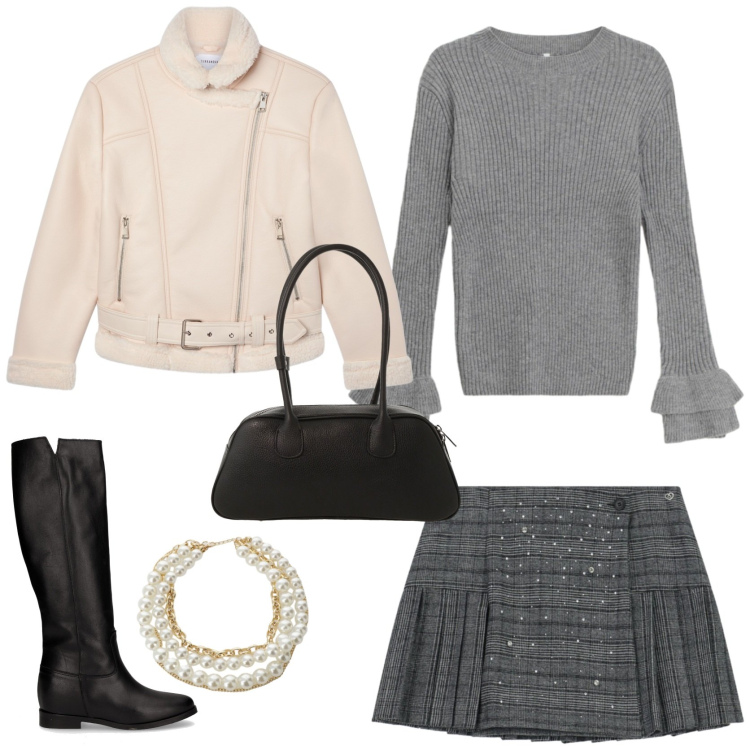 Outfit donna - Weekend in città. Stile Glamour per Tutti i giorni. Abbinamento con minigonne, bomber, maglieria, collane, borse a mano, stivali.