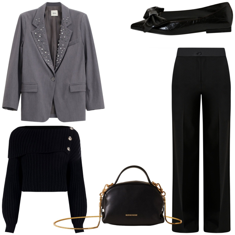 Outfit donna - Serate di festa. Stile Glamour per Serata fuori. Abbinamento con maglieria, ballerine, pantaloni a palazzo, blazer, borse a mano.