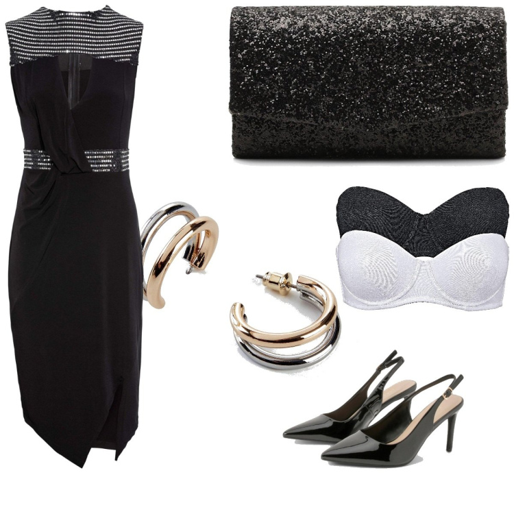 Outfit femme - Soirée de Noël. Style Basique pour Soirée dehors. Assortir avec robes, soutiens-gorge, boucles d'oreilles, chaussures à talon, pochette.