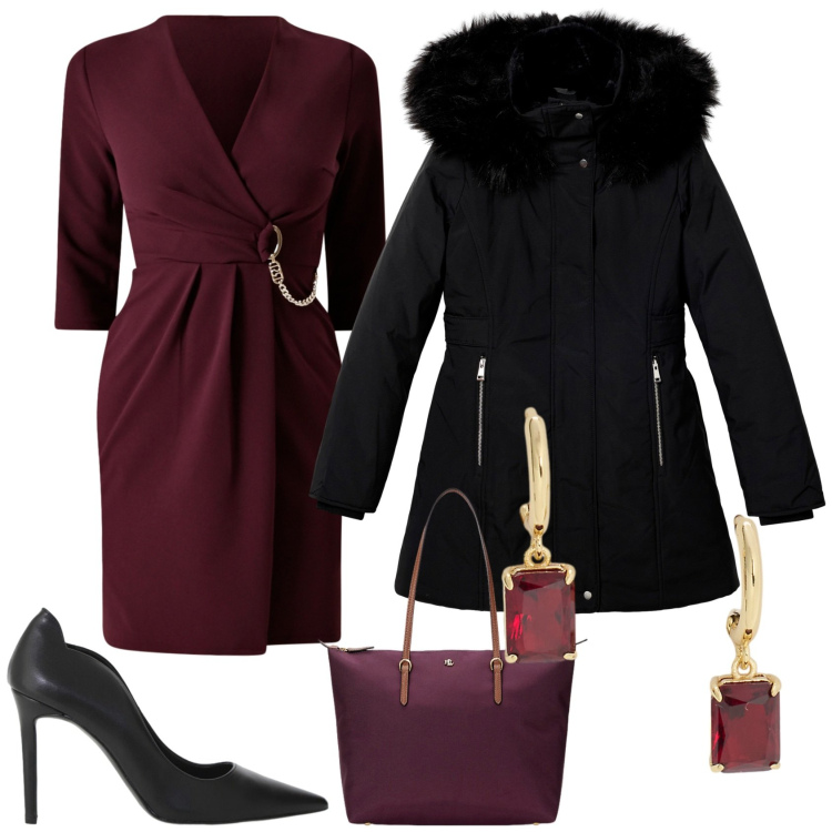 Outfit donna - Bordeaux. Stile Glamour per Serata fuori. Abbinamento con vestiti, parka, décolleté, borse tote, orecchini.
