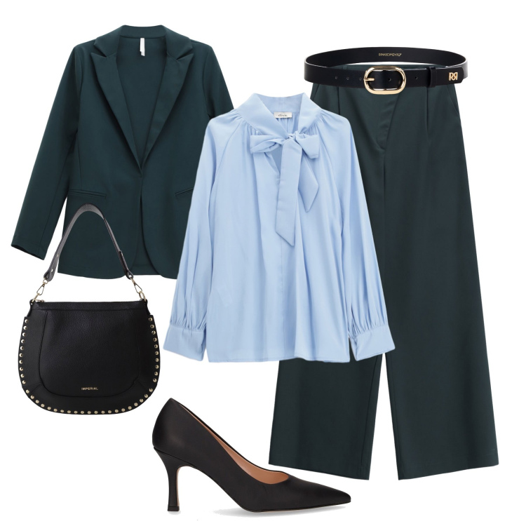 Outfit donna - Glamour al lavoro. Stile Glamour per Ufficio. Abbinamento con cinture, blazer, pantaloni a palazzo, borse a spalla, bluse, décolleté.