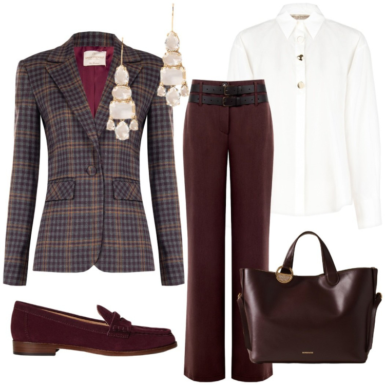 Outfit donna - Riunione di lavoro. Stile Chic per Ufficio. Abbinamento con pantaloni, blazer, camicie, shopping bag, orecchini, mocassini.