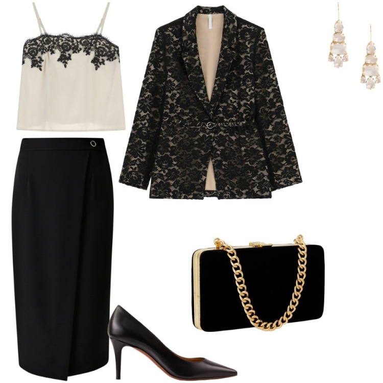 Outfit donna - Una serata speciale. Stile Chic per Serata fuori. Abbinamento con gonne, blazer, top, clutch, décolleté, orecchini.