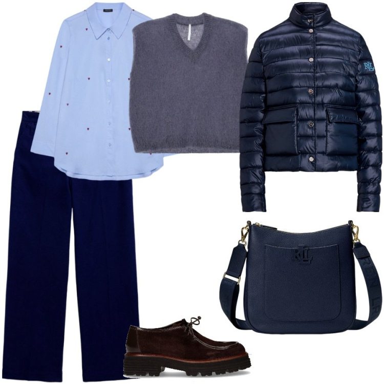 Outfit donna - Pronte per andare in ufficio. Stile Casual chic per Ufficio. Abbinamento con maglieria, pantaloni chino, piumini, borse a tracolla, camicie, mocassini.