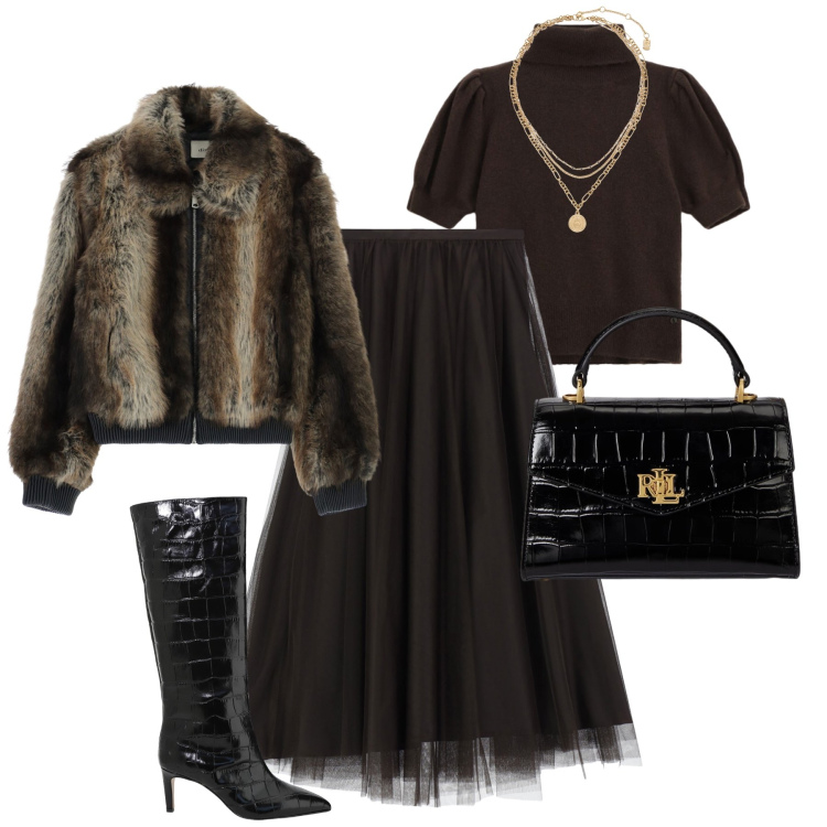 Outfit donna - Bomber eco-fur chic. Stile Chic per Serata fuori. Abbinamento con gonne lunghe, blazer, maglieria, stivali, borse a mano, ciondoli.