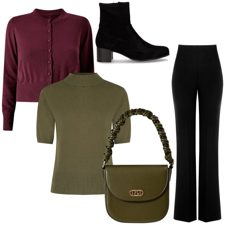 Outfit donna - Palette autunnale. Stile Trendy per Tutti i giorni. Abbinamento con pullovers, cardigans, pantaloni, borse a mano, stivaletti.