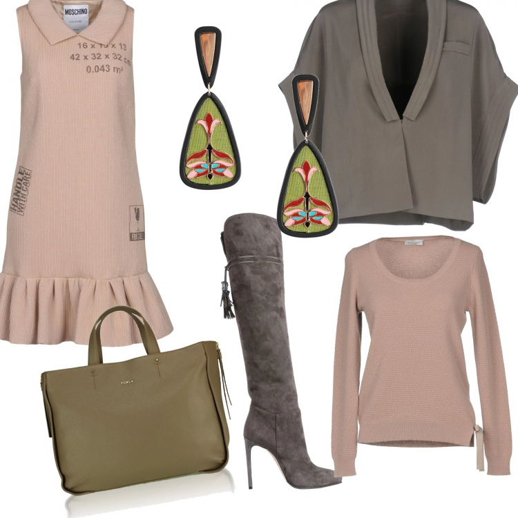 Outfit donna - Bon Ton #898. Stile Bon Ton per Ufficio. Abbinamento con vestito corto a trapezio con stampa effetto laminato collo classico senza maniche con zip interno foderato in seta crêpe, giacca collo con revers interno sfoderato in seta crêpe, stivali effetto scamosciato con laccetti a punta tinta unita, pullover senza tasche lavorato a maglia collo tondo a maniche lunghe con laccetti tinta unita, orecchini con farfallina in seta oro e argento, borsa a tracolla doppio manico interno foderato.