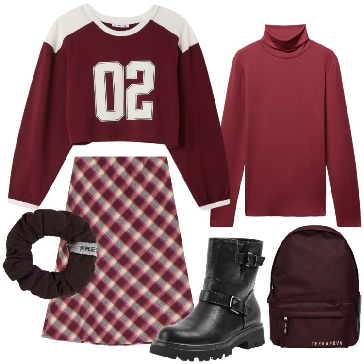 Outfit donna - Preppy style. Stile Preppy per Scuola/Università. Abbinamento con stivaletti, zaini, t-shirt, t-shirt, gonne, accessori per capelli.