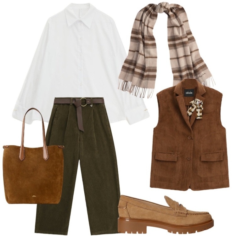 Outfit donna - Velluto evergreen. Stile Casual chic per Tutti i giorni. Abbinamento con camicie, gilet, pantaloni a palazzo, borse tote, mocassini, sciarpe.