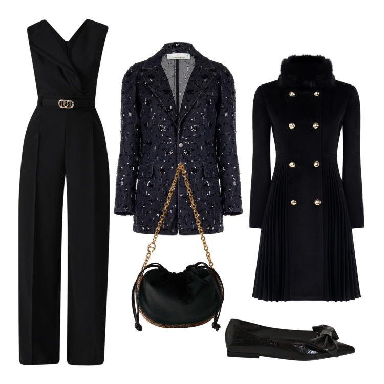 Outfit donna - Sparkling glam serate evento. Stile Glamour per Cerimonia. Abbinamento con vestiti chemisier, blazer, cappotti, ballerine, borse a spalla.