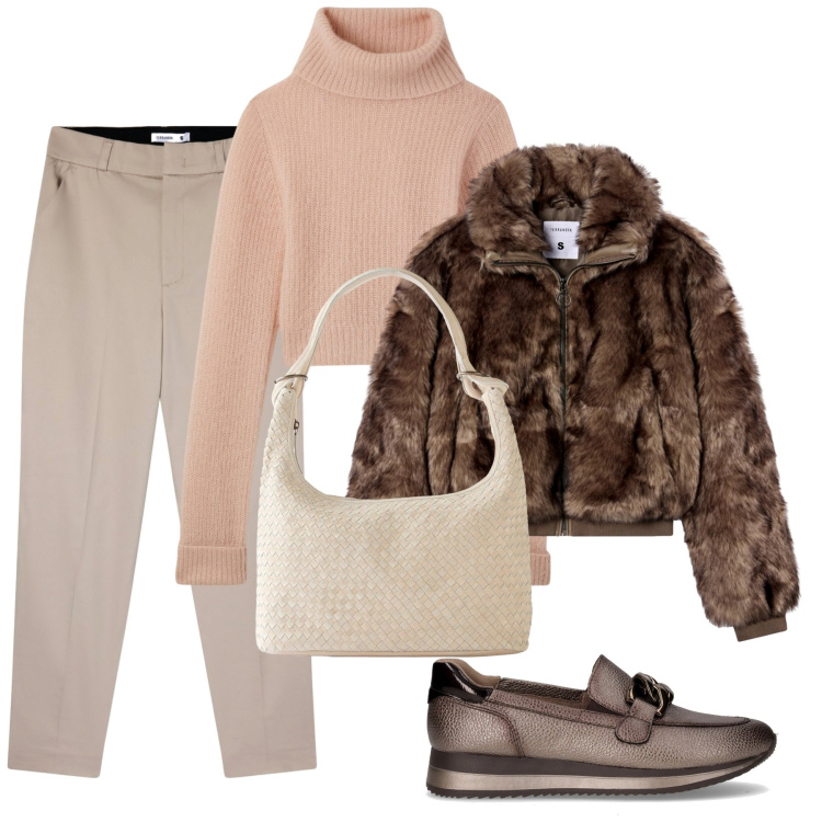 Outfit donna - Cozy winter. Stile Sporty chic per Tutti i giorni. Abbinamento con shopping bag, maglieria, pantaloni chino, ecopellicce, mocassini.