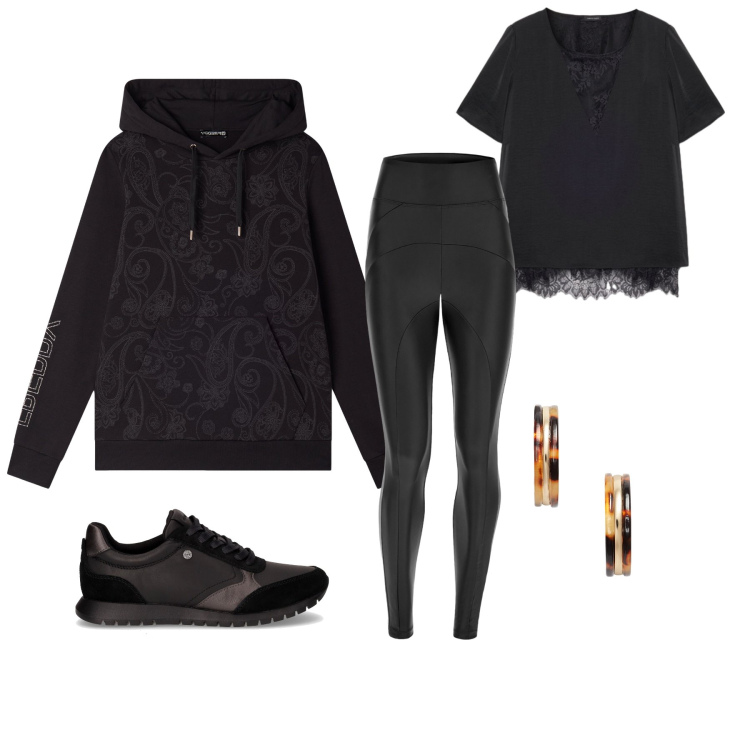 Outfit donna - Inverno in nero. Stile Casual Abbinamento con felpe con cappuccio, pantaloni skinny, orecchini, bluse, sneakers.