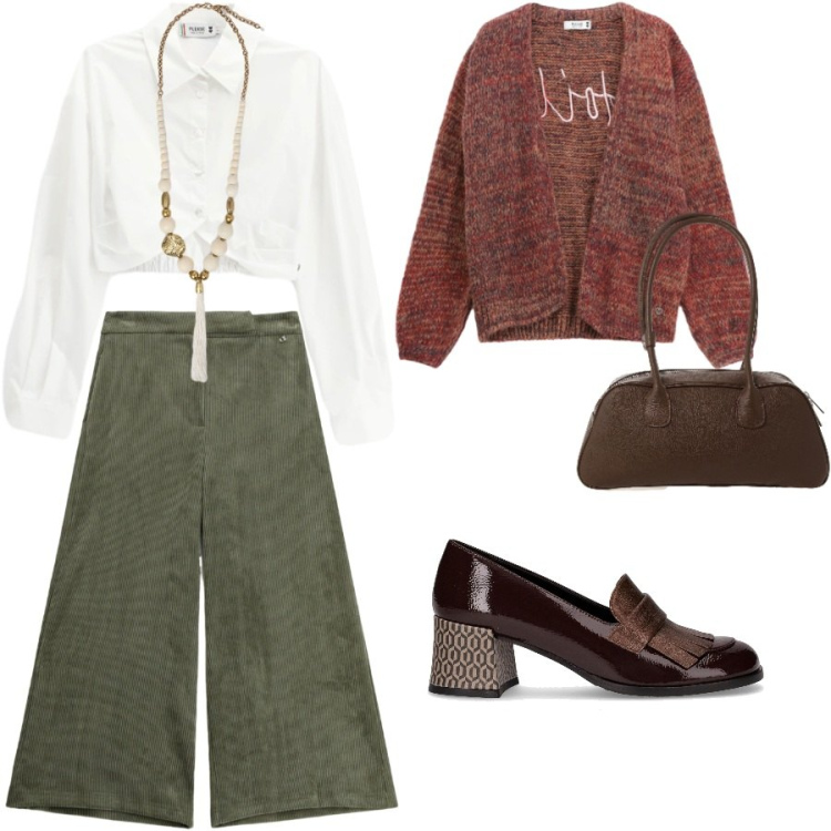 Outfit donna - Caldo novembre. Stile Casual chic per Ufficio. Abbinamento con cardigans, camicie, pantaloni a palazzo, borse a mano, ciondoli, mocassini.