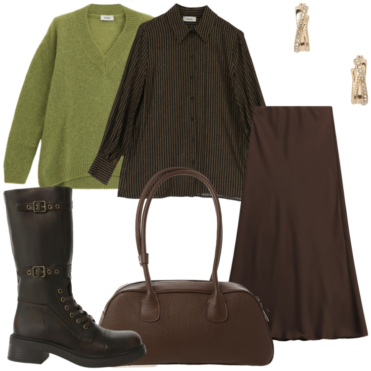 Outfit donna - I colori dell\'inverno. Stile Glamour per Tutti i giorni. Abbinamento con stivali, borse a mano, gonne lunghe, camicie, maglieria, orecchini.