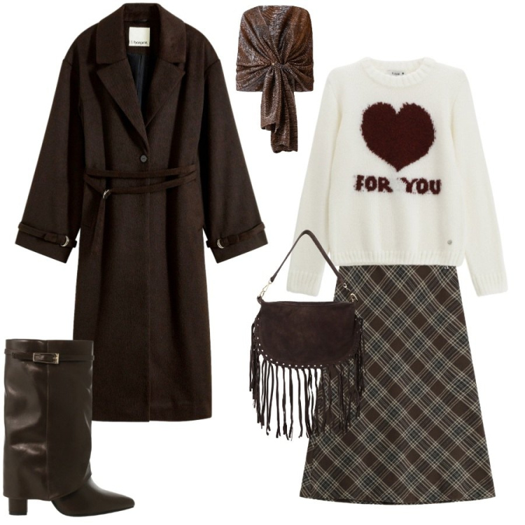 Outfit donna - Morbidezza avvolgente. Stile Romantica per Tutti i giorni. Abbinamento con cappotti, pullovers, stole, stivali, gonne longuette, borse a tracolla.