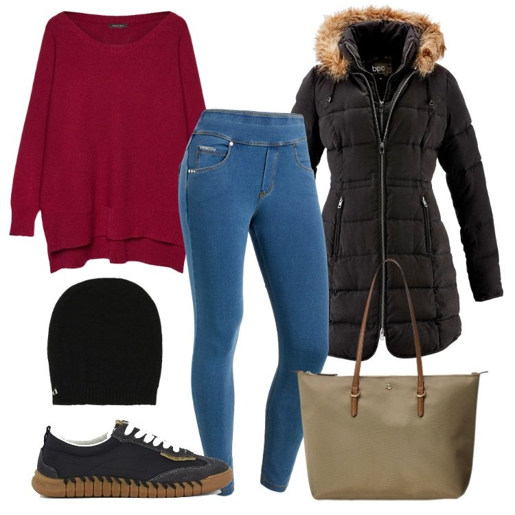 Outfit donna - casual. Stile Casual per Tutti i giorni. Abbinamento con giacche, jeans skinny, berretti, borse tote, sneakers, maglieria.