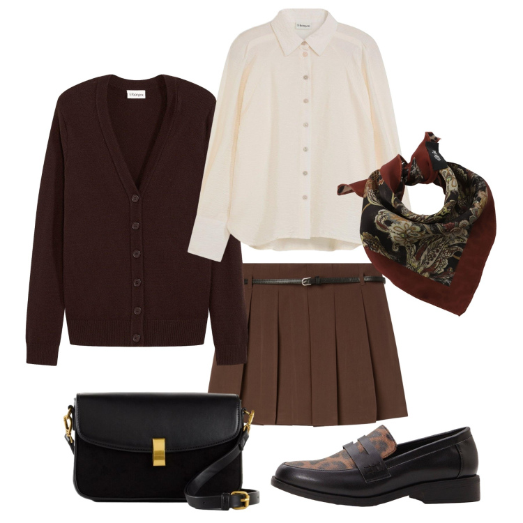 Outfit donna - Maxi cardigan e skort - @luciella76. Stile Preppy per Tutti i giorni. Abbinamento con mocassini, camicie, cardigans, borse a mano, minigonne, foulard.