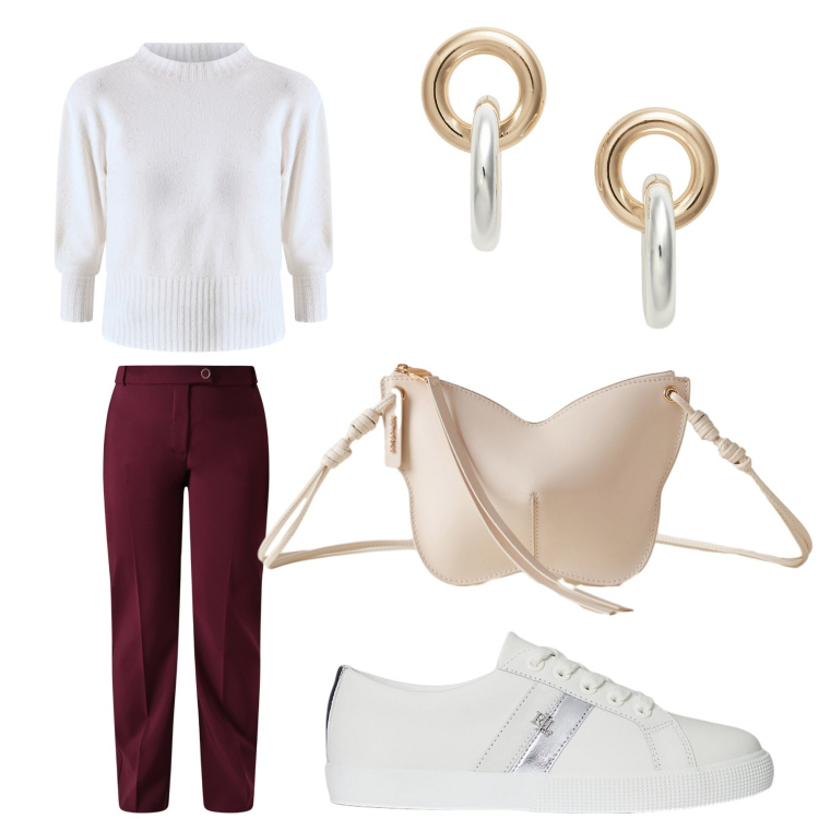 Outfit donna - Aperitivo. Stile Trendy per Tutti i giorni. Abbinamento con pantaloni, maglieria, borse a tracolla, orecchini, sneakers.