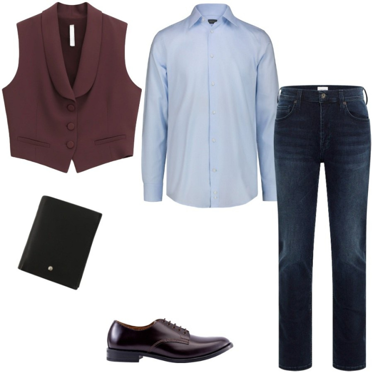 Outfit uomo - Ufficio casual. Stile Business/Elegante per Ufficio. Abbinamento con jeans slim fit, gilet, portafogli, scarpe stringate, camicie.