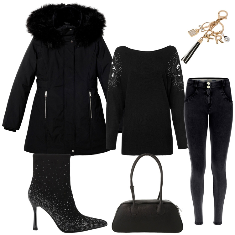 Outfit donna - Total look #2287085. Stile Chic per Serata fuori. Abbinamento con maglieria, parka, stivaletti, jeans skinny, borse a mano, portachiavi.