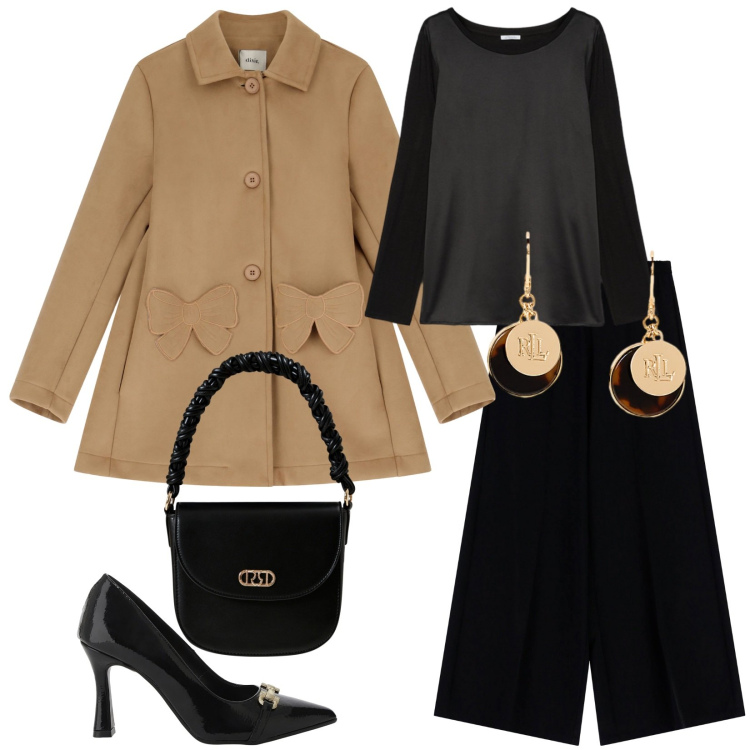 Outfit donna - Look versatile. Stile Bon Ton per Serata fuori. Abbinamento con borse a mano, pantaloni a palazzo, décolleté, cappotti, orecchini, bluse.