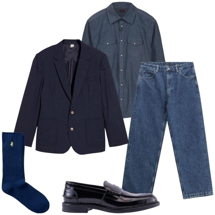 Outfit uomo - Total look #2287087. Stile Trendy per Ufficio. Abbinamento con giacche, jeans, calzini, scarpe stringate, camicie.