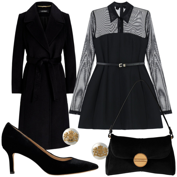 Outfit donna - Serata elegante in nero. Stile Chic per Serata fuori. Abbinamento con vestiti corti, borse a tracolla, orecchini, cappotti, décolleté.
