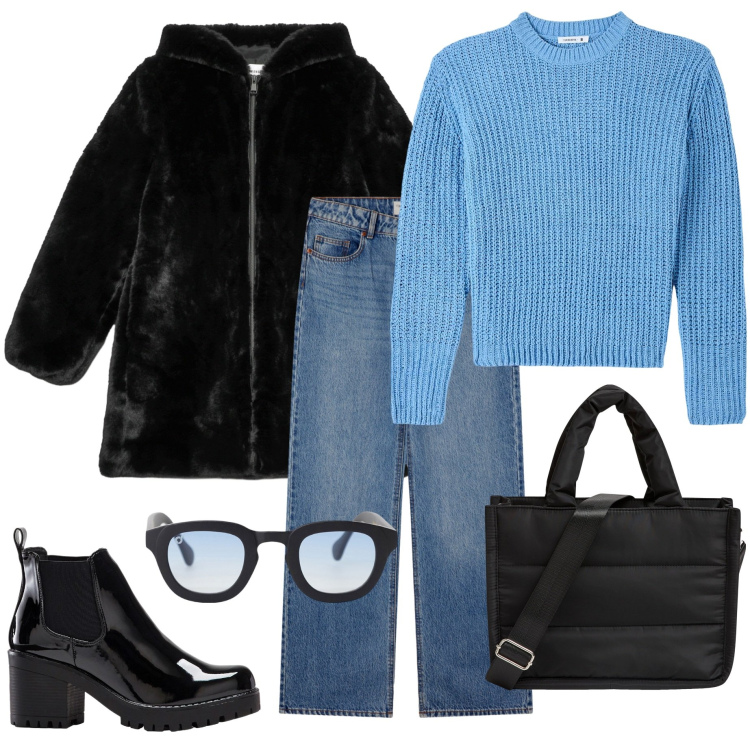 Outfit donna - Stivaletto di vernice. Stile Casual per Scuola/Università. Abbinamento con stivaletti, jeans, cappotti, shopping bag, maglieria, occhiali da sole.