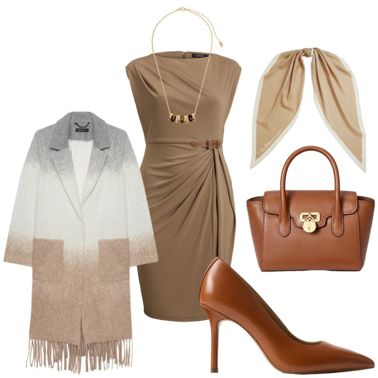 Outfit donna - Beige caramello. Stile Romantica per Serata fuori. Abbinamento con collane, borse a mano, foulard, vestiti, décolleté, cappotti.