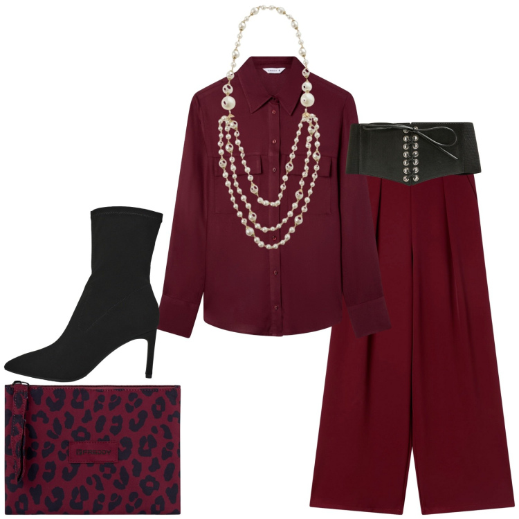 Outfit donna - Total look #2287092. Stile Chic per Serata fuori. Abbinamento con cinture, stivali, camicie, pantaloni, collane, clutch.