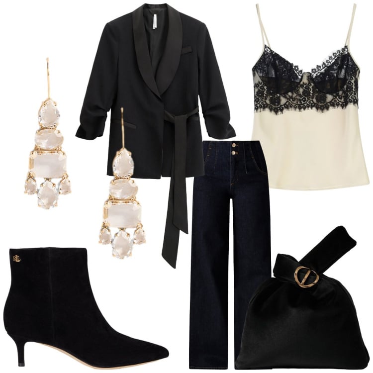 Outfit donna - Look perfetto per gli amanti del nero. Stile Sexy Abbinamento con jeans, blazer, canottiere, borse a mano, orecchini, stivaletti.