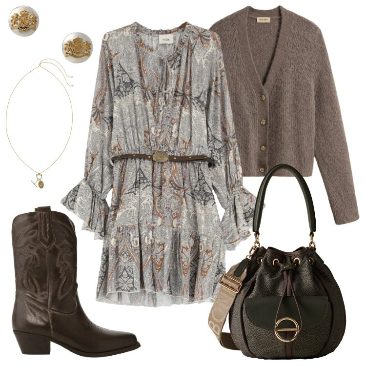 Outfit donna - romantika. Stile Boho per Tutti i giorni. Abbinamento con borse a secchiello, vestiti corti, stivali, orecchini, ciondoli, cardigans.