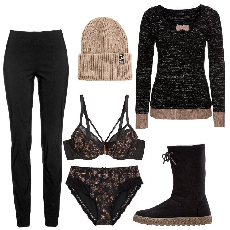 Outfit donna - christmas. Stile Sporty chic per Tutti i giorni. Abbinamento con maglieria, pantaloni, stivali, culotte, reggiseni, berretti.