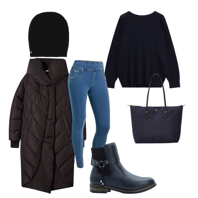 Outfit donna - Total look #2287176. Stile Urban per Ufficio. Abbinamento con stivaletti chelsea, cappotti, jeans skinny, pullovers, berretti, borse tote.