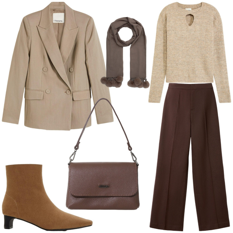Outfit donna - Street style autunnale. Stile Urban per Tutti i giorni. Abbinamento con blazer, stivaletti, maglieria, sciarpe, pantaloni, borse a tracolla.