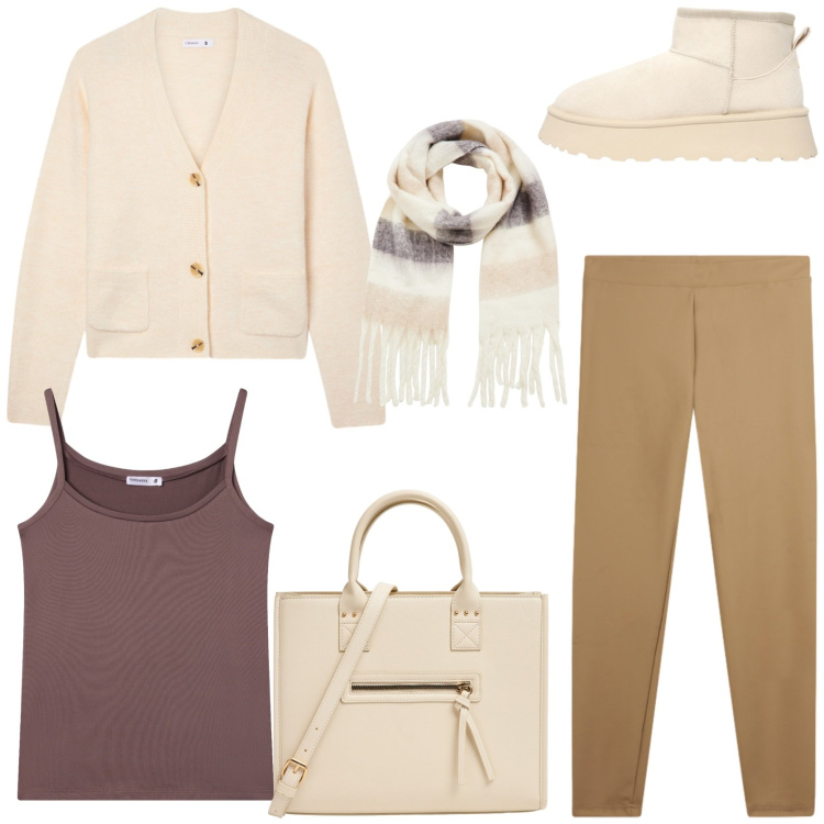 Outfit donna - Weekend rilassante. Stile Minimal per Tutti i giorni. Abbinamento con cardigans, sciarpe, magliette intime, stivaletti, shopping bag, leggings.