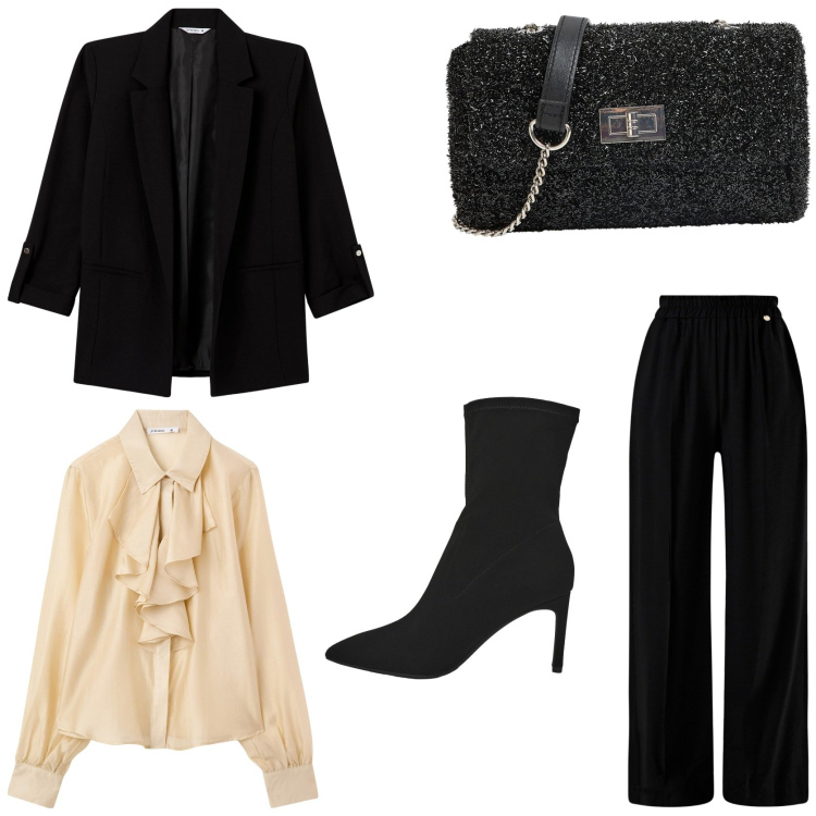 Outfit donna - Holiday outfit. Stile Chic per Serata fuori. Abbinamento con pantaloni a palazzo, blazer, camicie, stivali, borse a tracolla.