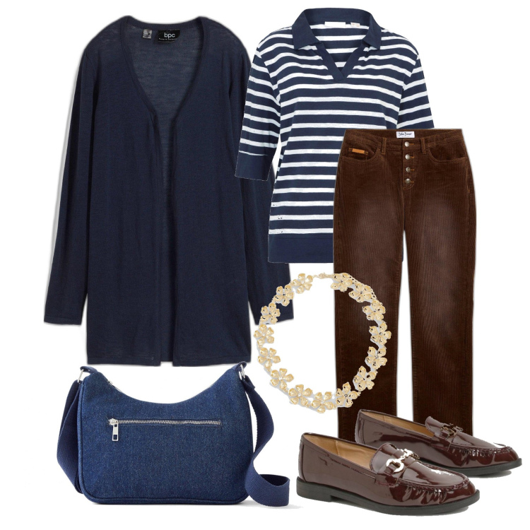Outfit femme - Novembre. Style Casual chic pour Tous les jours. Assortir avec pantalon , gilets, sacs en bandoulière, polos, mocassins, colliers.