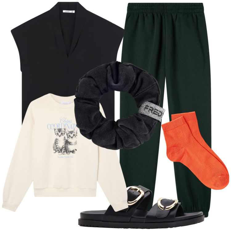 Outfit donna - Comoda domenica in casa. Stile Basic per Tutti i giorni. Abbinamento con ciabatte, felpe, pantaloni, bluse, accessori per capelli, collant.