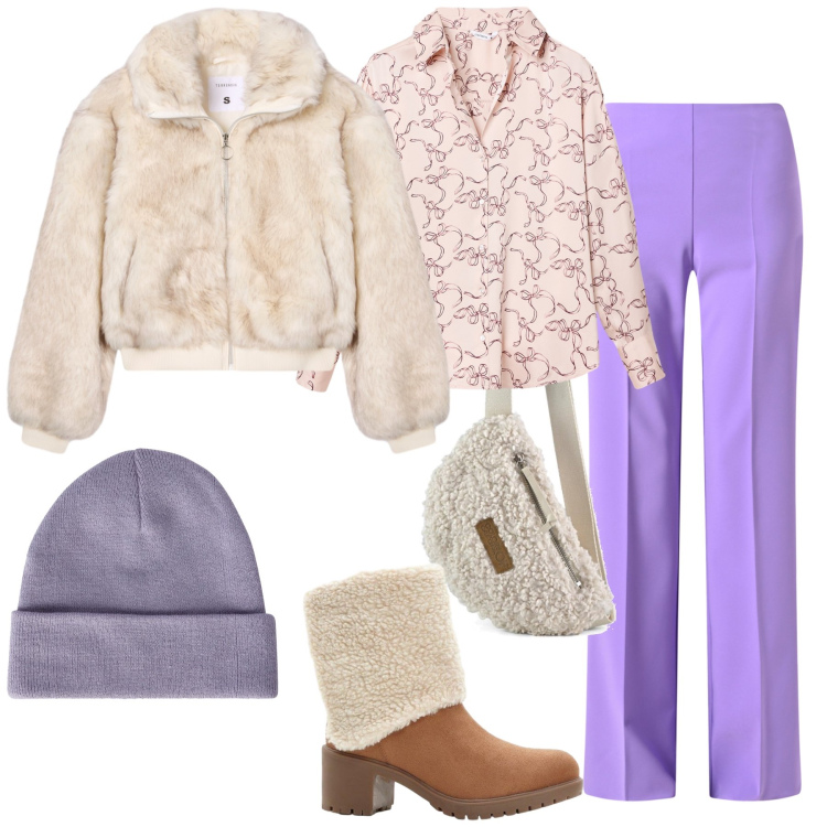 Outfit donna - Domenica con amici. Stile Urban per Tutti i giorni. Abbinamento con stivaletti, camicie, berretti, ecopellicce, pantaloni a palazzo, marsupi.