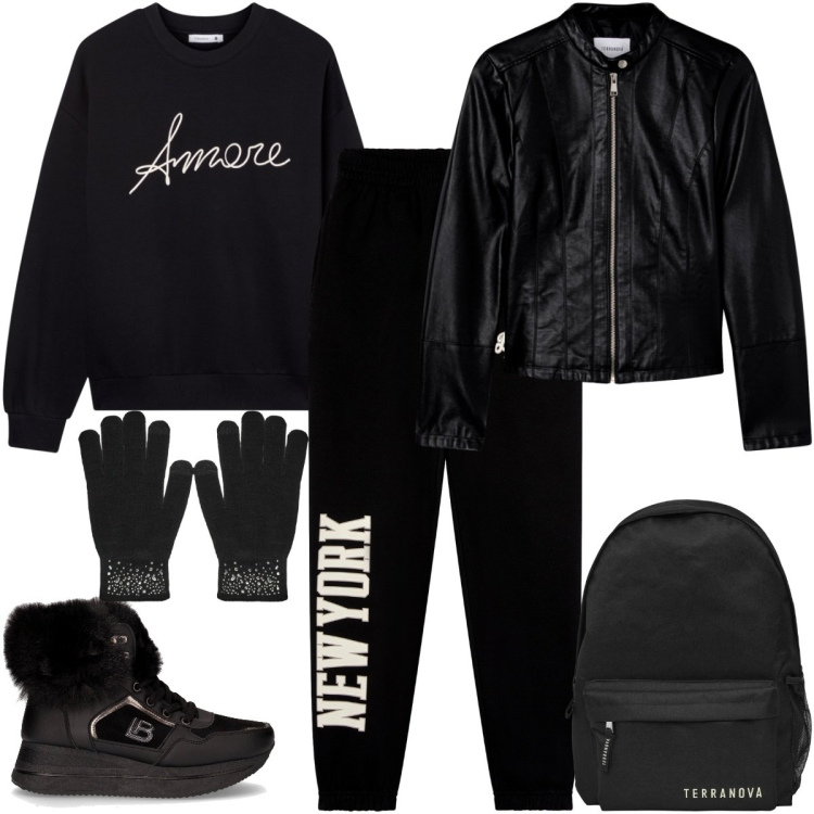 Outfit donna - Terranova - Black Friday 2025. Stile Sporty chic per Tutti i giorni. Abbinamento con giacche, pantaloni, zaini, felpe, guanti, sneakers alte.
