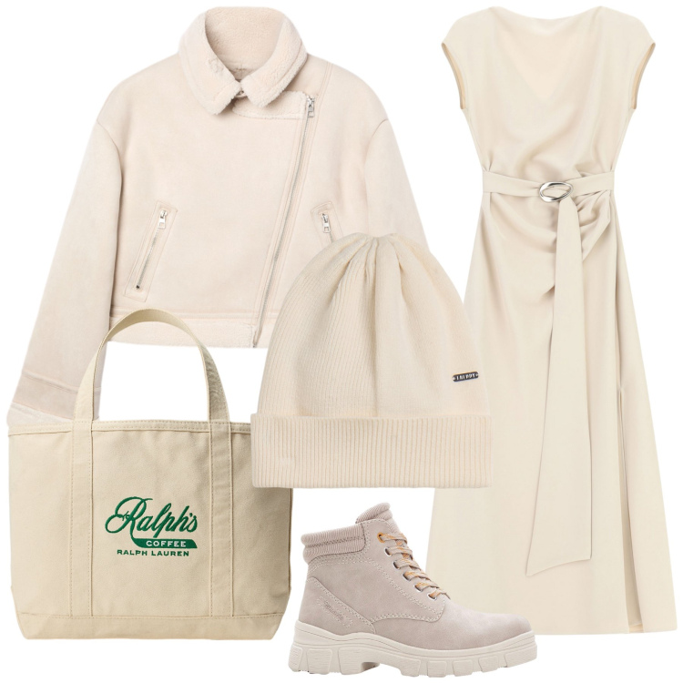 Outfit donna - In abito ma coperta. Stile Trendy per Ufficio. Abbinamento con stivaletti, giacche, vestiti lunghi, berretti, borse tote.