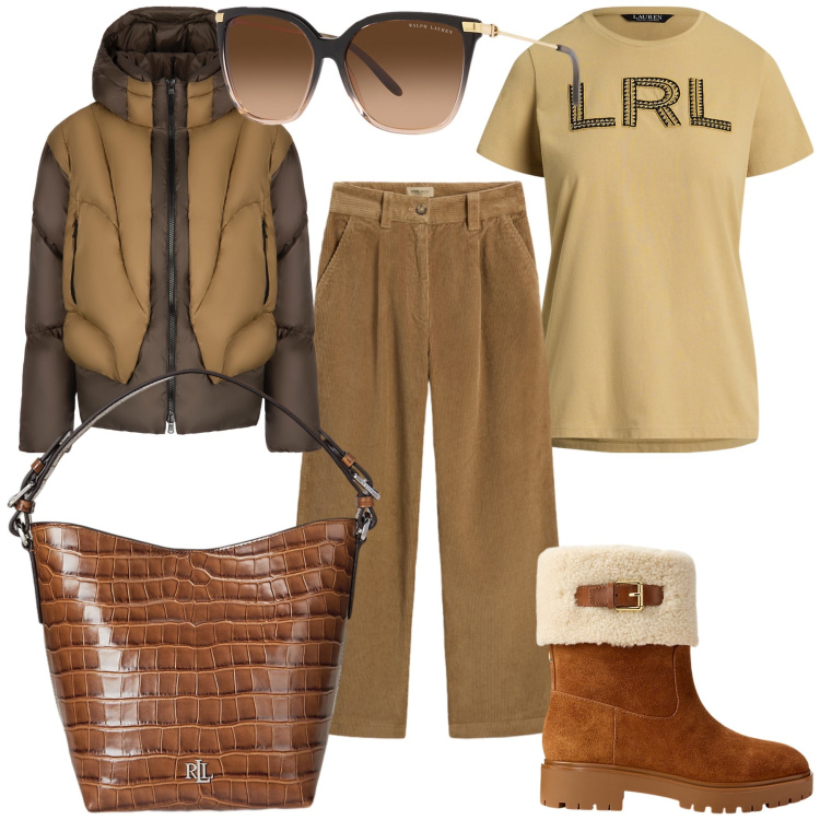 Outfit donna - La lady col freddo. Stile Casual chic per Tutti i giorni. Abbinamento con borse a secchiello, stivaletti, occhiali da sole, t-shirt, piumini, pantaloni.