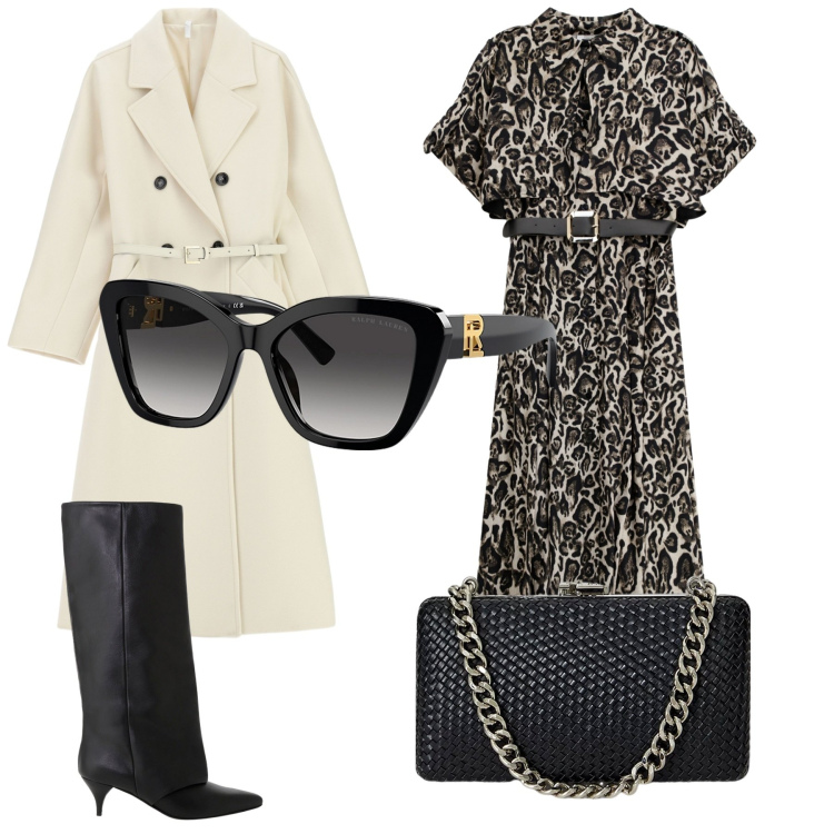 Outfit donna - Total look #2287193. Stile Bon Ton per Cerimonia. Abbinamento con cappotti, vestiti lunghi, stivali, occhiali da sole, clutch.