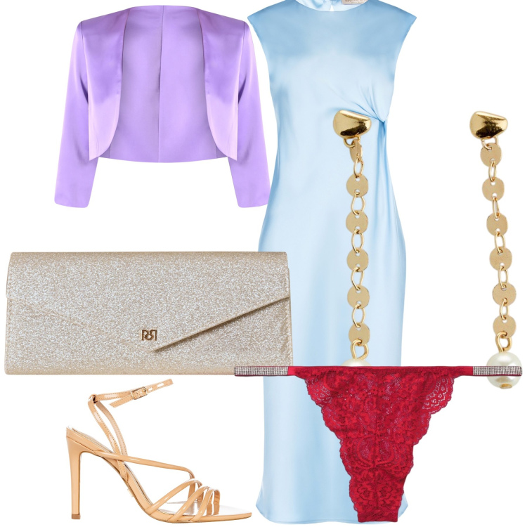 Outfit donna - Un colorato matrimonio. Stile Glamour per Cerimonia. Abbinamento con orecchini, culotte, vestiti midi/longuette, sandali col tacco, bolero, pochette.