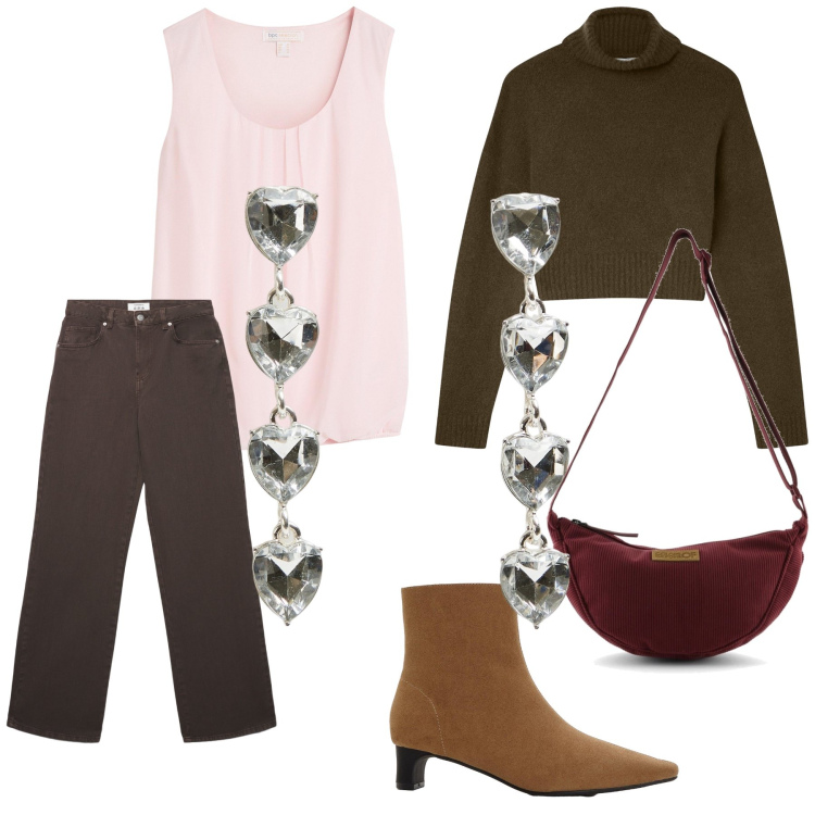 Outfit donna - Sportiva e romantica insieme. Stile Sporty chic per Tutti i giorni. Abbinamento con top, stivaletti, orecchini, maglieria, jeans, borse a tracolla.