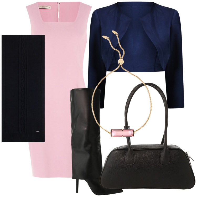 Outfit donna - Rosa e nero accostamento chic. Stile Bon Ton per Serata fuori. Abbinamento con vestiti a tubino, bolero, stivali, sciarpe, borse a mano, braccialetti.